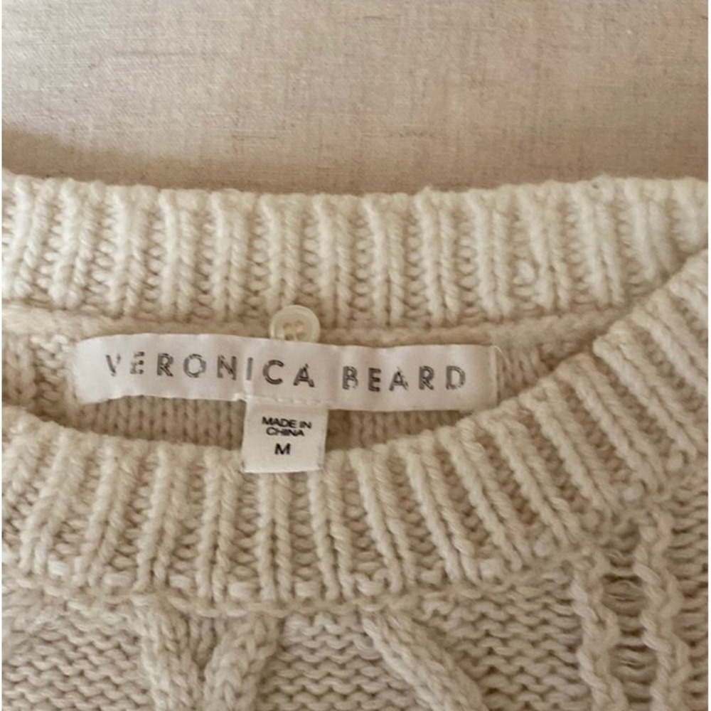Veronica Beard Womens Cable Knit Crew Neck Sweater M Cream Wool Cozy Fisherman - Picture 2 of 4